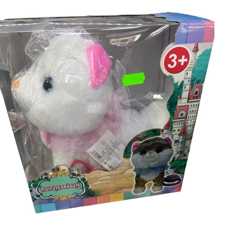 Jucarie Interactiva de Pluș Pisica cu Lesa Alb-Roz